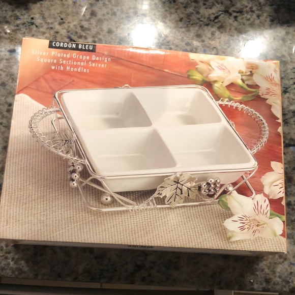 Vintage Silver Plated Grape Vines Leaves and White Ceramic Dip Tray Gordon Blue - Picture 1 of 11